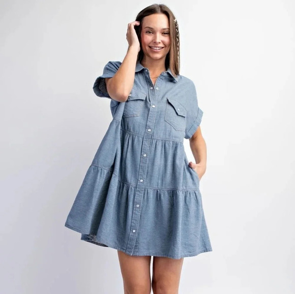 New! Easel Button Down Tiered Denim Shirt Dress - Picture 3 of 5